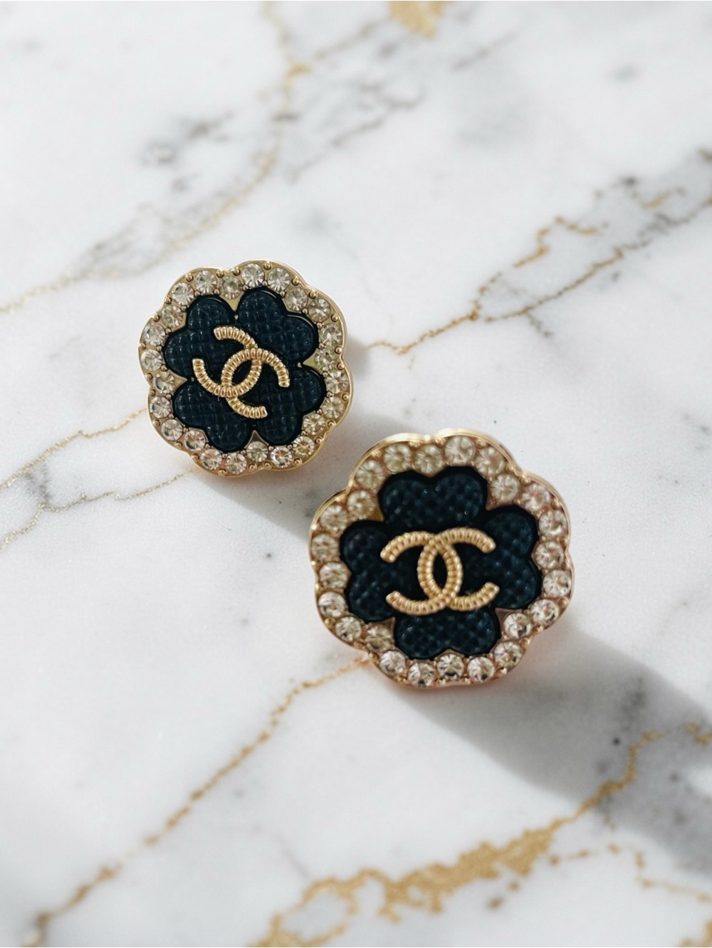 Luxury Black/Gold/Rhinestone Camellia Upcycled Logo Button Earrings 22mm